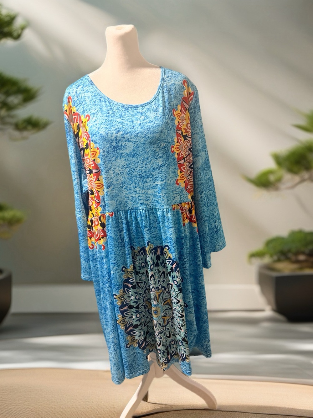 Handmade Light Blue Printed Long Sleeve Women’s Dress